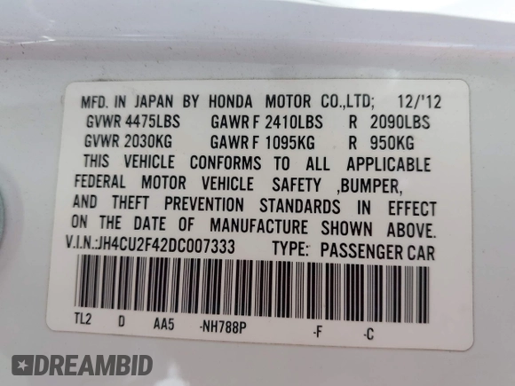 2013 Acura TSX with VIN JH4CU2F42DC007333, listed as a IAAI auction lot 42410009 with 186,310 mi miles and . Bid and sale history available at DreamBid. Image 9.