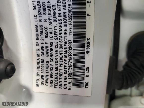 2019 Honda Civic Sedan EX-L with VIN 19XFC1F71KE203937, listed as a Copart auction lot 51992455 with 0 mi miles and Salvage Title. Bid and sale history available at carsss.com. Image 12.