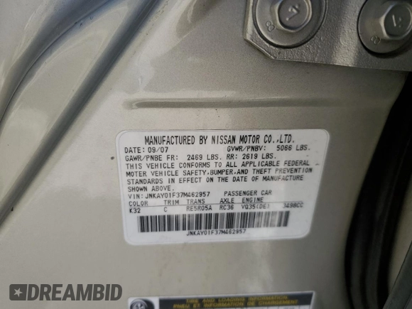 2007 Infiniti M x с VIN JNKAY01F37M462957, выставлен на аукционе Copart как лот 59747405 с пробегом Не указан миль и Списание • Salvage title. История ставок и продаж доступна на DreamBid. Изображение 12.