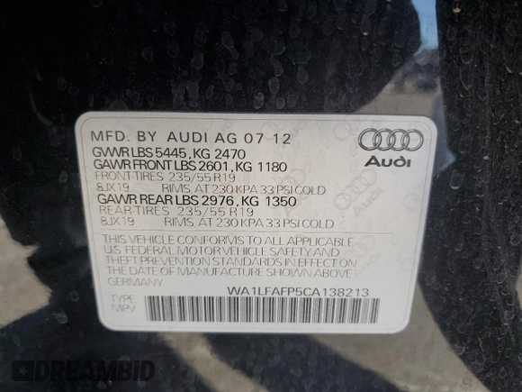 2012 Audi Q5 Premium Plus with VIN WA1LFAFP5CA138213, listed as a Copart auction lot 65818345 with 137,086 mi miles and Clean title. Bid and sale history available at DreamBid. Image 13.