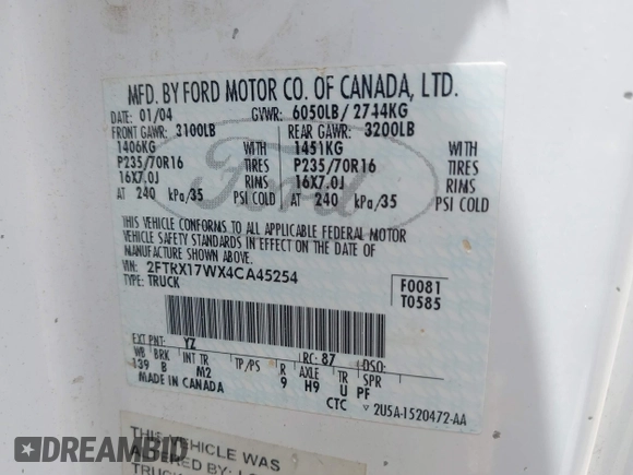 2004 Ford F-150 XL with VIN 2FTRX17WX4CA45254, listed as a IAAI auction lot 42682926 with 113,305 mi miles and . Bid and sale history available at DreamBid. Image 9.