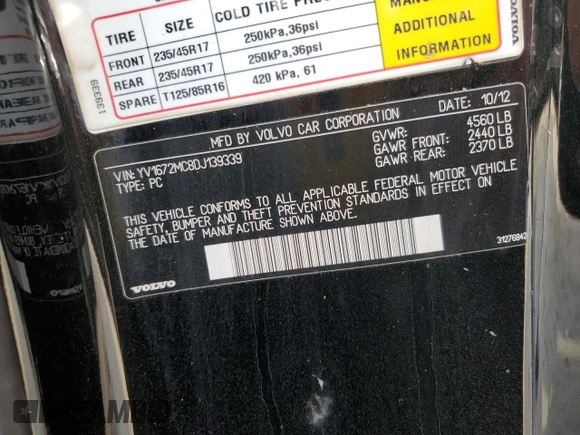 2013 Volvo C70 T5 с VIN YV1672MC8DJ139339, выставлен на аукционе Copart как лот 55980475 с пробегом 64 934 миль миль и Списание • Salvage title. История ставок и продаж доступна на DreamBid. Изображение 12.