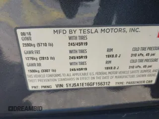 2016 Tesla Model S 70 with VIN 5YJSA1E16GF156312, listed as a IAAI auction lot 42469451 with 90,317 mi miles and . Bid and sale history available at DreamBid. Image 9.
