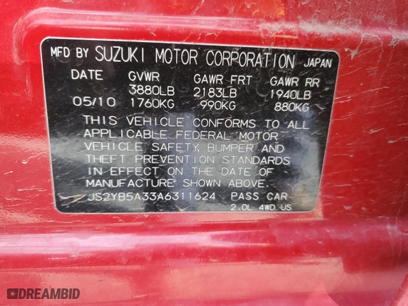 2010 Suzuki SX4 with VIN JS2YB5A33A6311624, listed as a Copart auction lot 48552935 with 236,331 mi miles and Salvage Title. Bid and sale history available at carsss.com. Image 12.
