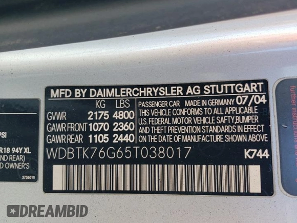 2005 Mercedes-Benz CLK-Class AMG with VIN WDBTK76G65T038017, listed as a Copart auction lot 84967084 with 121,163 mi miles and Clean Title. Bid and sale history available at carsss.com. Image 12.