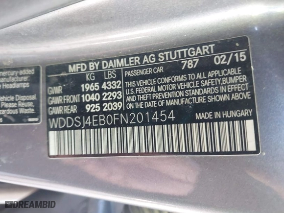 2015 Mercedes-Benz CLA-Class CLA 250 with VIN WDDSJ4EB0FN201454, listed as a IAAI auction lot 41983882 with 180,368 mi miles. Bid and sale history available at carsss.com. Image 9.