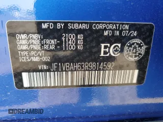 2024 Subaru WRX Premium with VIN JF1VBAH63R9814592, listed as a Copart auction lot 60297615 with 3,507 mi miles and Salvage title. Bid and sale history available at DreamBid. Image 12.