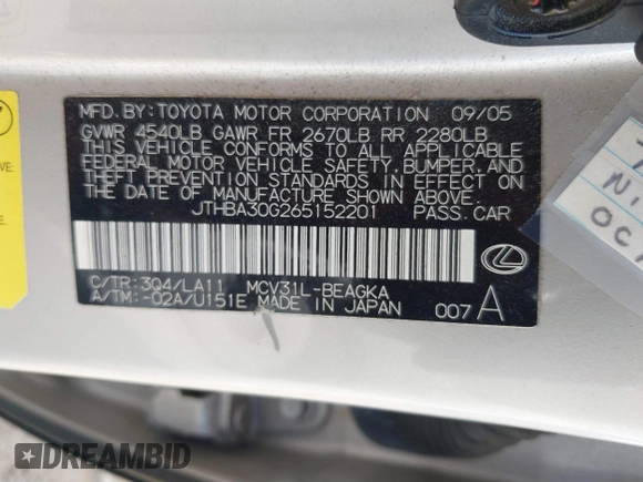 2006 Lexus ES 350 with VIN JTHBA30G265152201, listed as a IAAI auction lot 41680682 with 179,152 mi miles and . Bid and sale history available at DreamBid. Image 9.