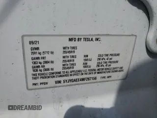 2021 Tesla Model Y Long Range z VIN 5YJYGAEE4MF267156, wystawiony jako Copart lot #50634185 z przebiegiem 72 850 mil mil oraz Szkoda całkowita • Salvage title. Historia ofert i sprzedaży dostępna na DreamBid. Obrazek 16.