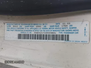 2003 Volkswagen Beetle GLS z VIN 3VWCK21Y33M309841, wystawiony jako IAAI lot #41883298 z przebiegiem 169 430 mil mil oraz . Historia ofert i sprzedaży dostępna na DreamBid. Obrazek 9.