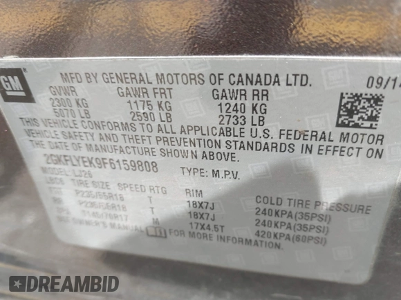 2015 GMC Terrain SLT with VIN 2GKFLYEK9F6159808, listed as a IAAI auction lot 42538230 with 95,488 mi miles and . Bid and sale history available at DreamBid. Image 9.