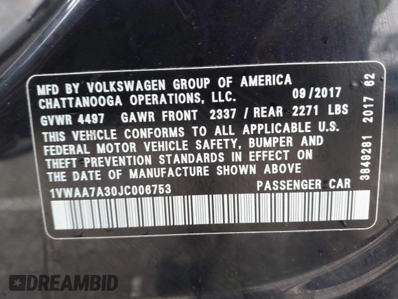 2018 Volkswagen Passat S with VIN 1VWAA7A30JC006753, listed as a IAAI auction lot 42474068 with 116,254 mi miles and . Bid and sale history available at DreamBid. Image 9.