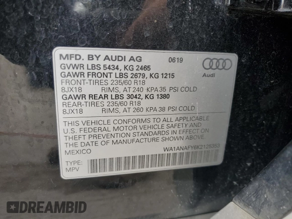 2019 Audi Q5 Premium with VIN WA1ANAFY6K2125353, listed as a Copart auction lot 44098445 with 103,860 mi miles and Salvage title. Bid and sale history available at DreamBid. Image 14.