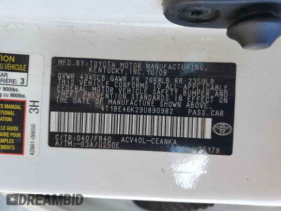 2009 Toyota Camry with VIN 4T1BE46K29U890982, listed as a Copart auction lot 48237775 with 218,838 mi miles and Salvage Title. Bid and sale history available at DreamBid. Image 14.