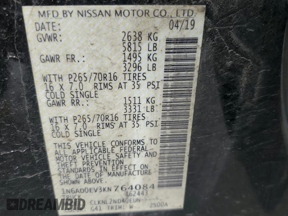2019 Nissan Frontier SV with VIN 1N6AD0EV3KN764084, listed as a Copart auction lot 59191595 with 51,276 mi miles and Salvage title. Bid and sale history available at DreamBid. Image 12.