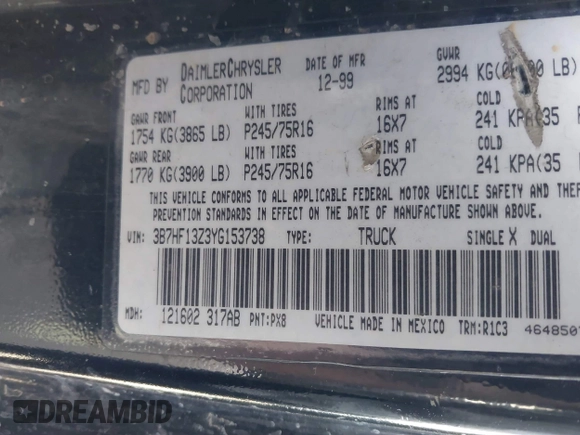 2000 Dodge 1500 with VIN 3B7HF13Z3YG153738, listed as a IAAI auction lot 41665376 with 149,025 mi miles and . Bid and sale history available at DreamBid. Image 9.