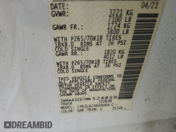 2021 Nissan Titan S z VIN 1N6AA1EE7MN524859, wystawiony jako Copart lot #72814694 z przebiegiem 93 672 mil mil oraz Szkoda całkowita • Salvage title. Historia ofert i sprzedaży dostępna na DreamBid. Obrazek 15.
