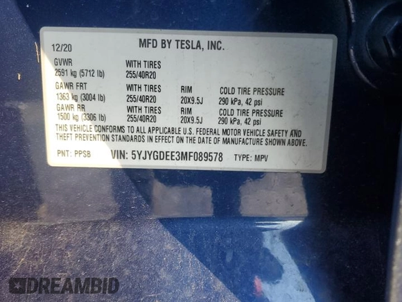 2021 Tesla Model Y Long Range with VIN 5YJYGDEE3MF089578, listed as a Copart auction lot 41381095 with 52,258 mi miles and Salvage Title. Bid and sale history available at DreamBid. Image 12.
