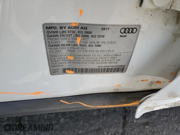 2018 Audi SQ5 Premium Plus with VIN WA1A4AFY6J2009863, listed as a Copart auction lot 56418064 with 76,666 mi miles and Salvage Title. Bid and sale history available at DreamBid. Image 12.