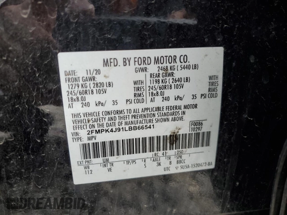 2020 Ford Edge SEL with VIN 2FMPK4J91LBB66541, listed as a Copart auction lot 51804255 with 128,900 mi miles and Salvage Title. Bid and sale history available at carsss.com. Image 13.