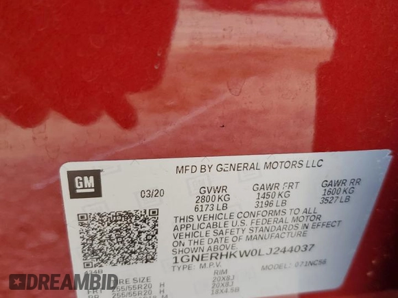 2020 Chevrolet Traverse LT with VIN 1GNERHKW0LJ244037, listed as a Copart auction lot 54182415 with 134,328 mi miles and Salvage title. Bid and sale history available at DreamBid. Image 13.