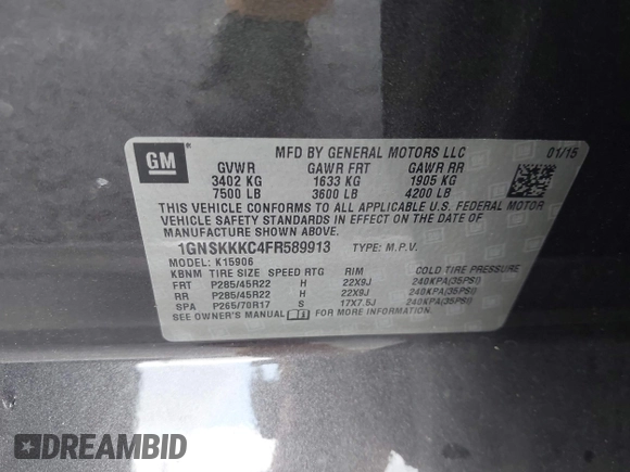 2015 Chevrolet Suburban LTZ with VIN 1GNSKKKC4FR589913, listed as a IAAI auction lot 42017190 with 216,145 mi miles. Bid and sale history available at carsss.com. Image 9.