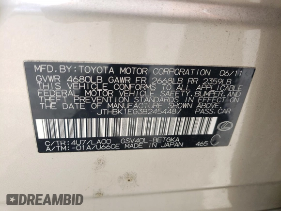 2011 Lexus ES with VIN JTHBK1EG3B2454487, listed as a Copart auction lot 48751345 with 139,667 mi miles and Salvage Title. Bid and sale history available at carsss.com. Image 14.