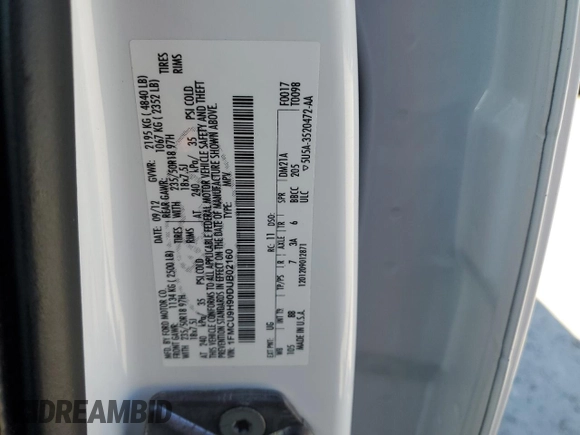 2013 Ford Escape SEL with VIN 1FMCU9H90DUB02160, listed as a Copart auction lot 53697035 with 172,862 mi miles and Clean Title. Bid and sale history available at DreamBid. Image 14.