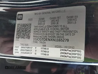 2022 Chevrolet Colorado 4WD Z71 with VIN 1GCGTDENXN1165279, listed as a IAAI auction lot 39042352 with Not provided miles and . Bid and sale history available at DreamBid. Image 9.