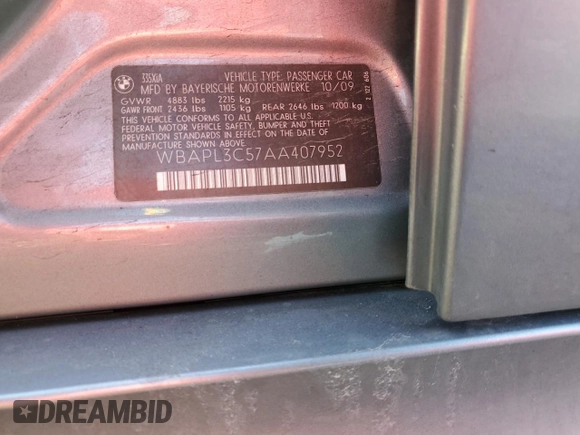 2010 BMW 3 Series 335i xDrive with VIN WBAPL3C57AA407952, listed as a Copart auction lot 85510004 with 128,631 mi miles and Salvage title. Bid and sale history available at DreamBid. Image 12.