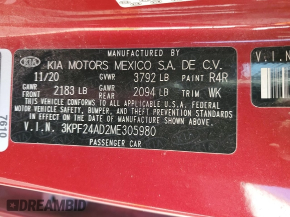 2021 Kia Forte LXS with VIN 3KPF24AD2ME305980, listed as a Copart auction lot 48916325 with 111,688 mi miles and Salvage Title. Bid and sale history available at carsss.com. Image 12.