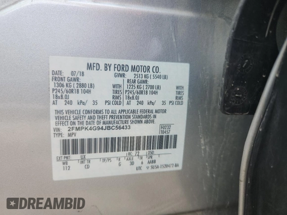 2018 Ford Edge SE with VIN 2FMPK4G94JBC56433, listed as a Copart auction lot 61196315 with 135,638 mi miles and Clean title. Bid and sale history available at DreamBid. Image 13.