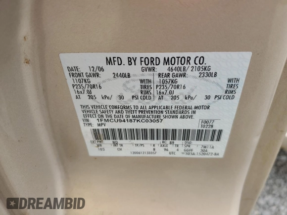 2007 Ford Escape Limited with VIN 1FMCU94187KC03057, listed as a Copart auction lot 51745045 with 219,016 mi miles and Salvage Title. Bid and sale history available at carsss.com. Image 13.