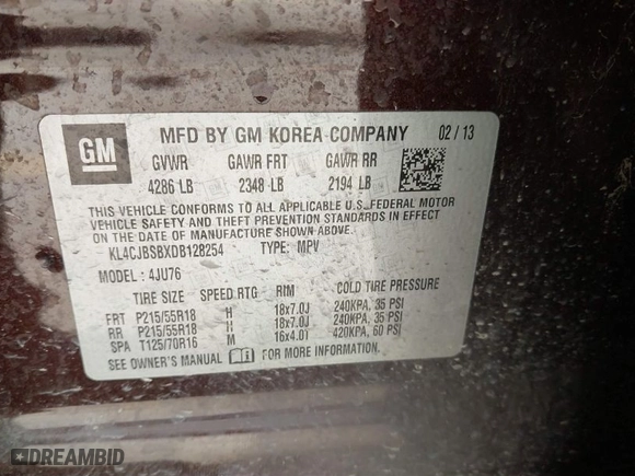 2013 Buick Encore Convenience with VIN KL4CJBSBXDB128254, listed as a IAAI auction lot 41788696 with 98,295 mi miles. Bid and sale history available at carsss.com. Image 9.