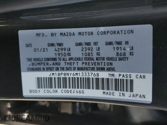2021 Mazda 3 Premium Plus z VIN JM1BPBNY6M1333768, wystawiony jako Copart lot #60167225 z przebiegiem 32 286 mil mil oraz Szkoda całkowita • Salvage title. Historia ofert i sprzedaży dostępna na DreamBid. Obrazek 12.