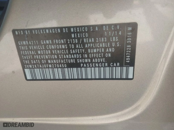 2015 Volkswagen Jetta Sedan 2.0L S with VIN 3VW2K7AJ0FM270450, listed as a IAAI auction lot 41401218 with 94,954 mi miles. Bid and sale history available at carsss.com. Image 9.