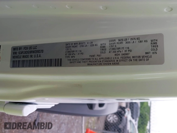 2024 Jeep Wrangler Sport S with VIN 1C4PJXDG9RW289370, listed as a IAAI auction lot 42274788 with 15,776 mi miles and . Bid and sale history available at DreamBid. Image 9.