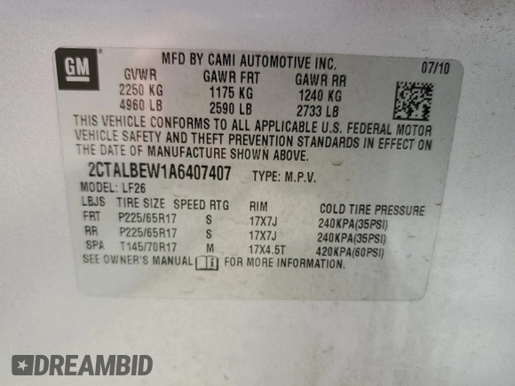 2010 GMC Terrain SLE-1 z VIN 2CTALBEW1A6407407, wystawiony jako Copart lot #55808685 z przebiegiem 191 154 mil mil oraz Szkoda całkowita • Salvage title. Historia ofert i sprzedaży dostępna na DreamBid. Obrazek 13.