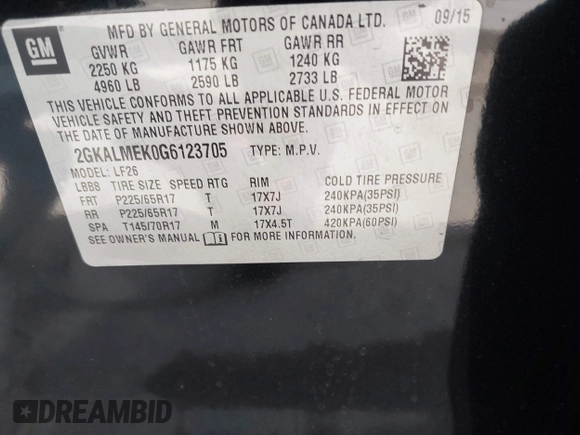 2016 GMC Terrain SLE with VIN 2GKALMEK0G6123705, listed as a IAAI auction lot 42030890 with 124,657 mi miles. Bid and sale history available at carsss.com. Image 9.
