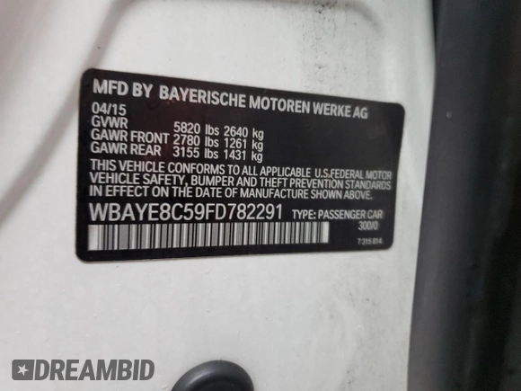 2015 BMW 7 Series 750Li with VIN WBAYE8C59FD782291, listed as a Copart auction lot 84537744 with 151,087 mi miles and Clean title. Bid and sale history available at DreamBid. Image 12.