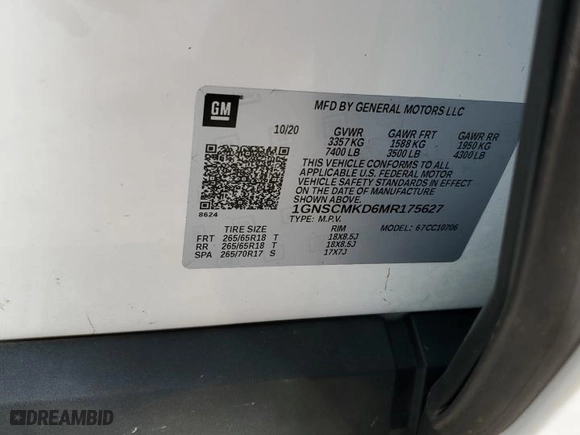 2021 Chevrolet Tahoe LS with VIN 1GNSCMKD6MR175627, listed as a Copart auction lot 74973534 with 0 mi miles and Non Repairable. Bid and sale history available at carsss.com. Image 14.