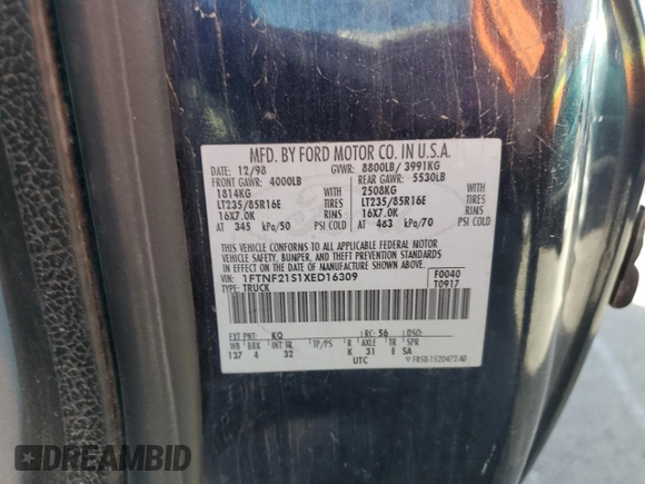 1999 Ford F-250 with VIN 1FTNF21S1XED16309, listed as a Copart auction lot 77267764 with 216,158 mi miles and Clean title. Bid and sale history available at DreamBid. Image 12.