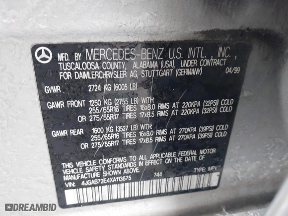 1999 Mercedes-Benz M-Class with VIN 4JGAB72E4XA113675, listed as a IAAI auction lot 41554604 with 230,092 mi miles. Bid and sale history available at carsss.com. Image 9.