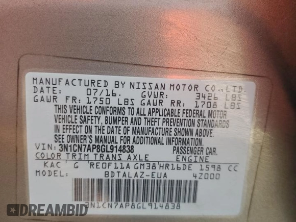 2016 Nissan Versa S with VIN 3N1CN7AP8GL914838, listed as a Copart auction lot 52684755 with 135,373 mi miles and Salvage Title. Bid and sale history available at carsss.com. Image 12.