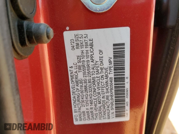 2023 Honda Odyssey Touring с VIN 5FNRL6H8XPB056468, выставлен на аукционе Copart как лот 55066345 с пробегом 29 760 миль миль и Списание • Salvage title. История ставок и продаж доступна на DreamBid. Изображение 13.