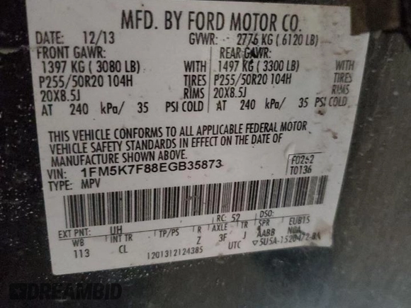 2014 Ford Explorer Limited z VIN 1FM5K7F88EGB35873, wystawiony jako Copart lot #51998305 z przebiegiem 147 954 mil mil oraz Szkoda całkowita • Salvage title. Historia ofert i sprzedaży dostępna na DreamBid. Obrazek 13.