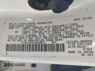 2004 Lexus GX 470 with VIN JTJBT20XX40038671, listed as a IAAI auction lot 42238146 with 250,837 mi miles and . Bid and sale history available at DreamBid. Image 9.