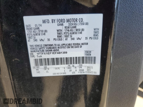 2014 Ford F-150 XL with VIN 1FTFX1EF1EFA81359, listed as a Copart auction lot 53727195 with 199,059 mi miles and Salvage Title. Bid and sale history available at DreamBid. Image 12.