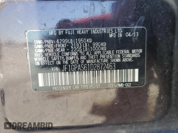 2013 Subaru Impreza Special Sports Limited z VIN JF1GPAS61D2872463, wystawiony jako Copart lot #51216665 z przebiegiem 137 282 mil mil oraz Szkoda całkowita • Salvage title. Historia ofert i sprzedaży dostępna na DreamBid. Obrazek 12.