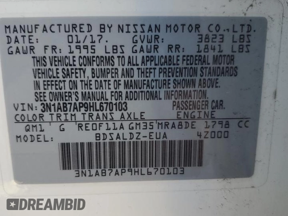 2017 Nissan Sentra SV z VIN 3N1AB7AP9HL670103, wystawiony jako Copart lot #52200345 z przebiegiem 129 988 mil mil oraz Szkoda całkowita • Salvage title. Historia ofert i sprzedaży dostępna na DreamBid. Obrazek 13.